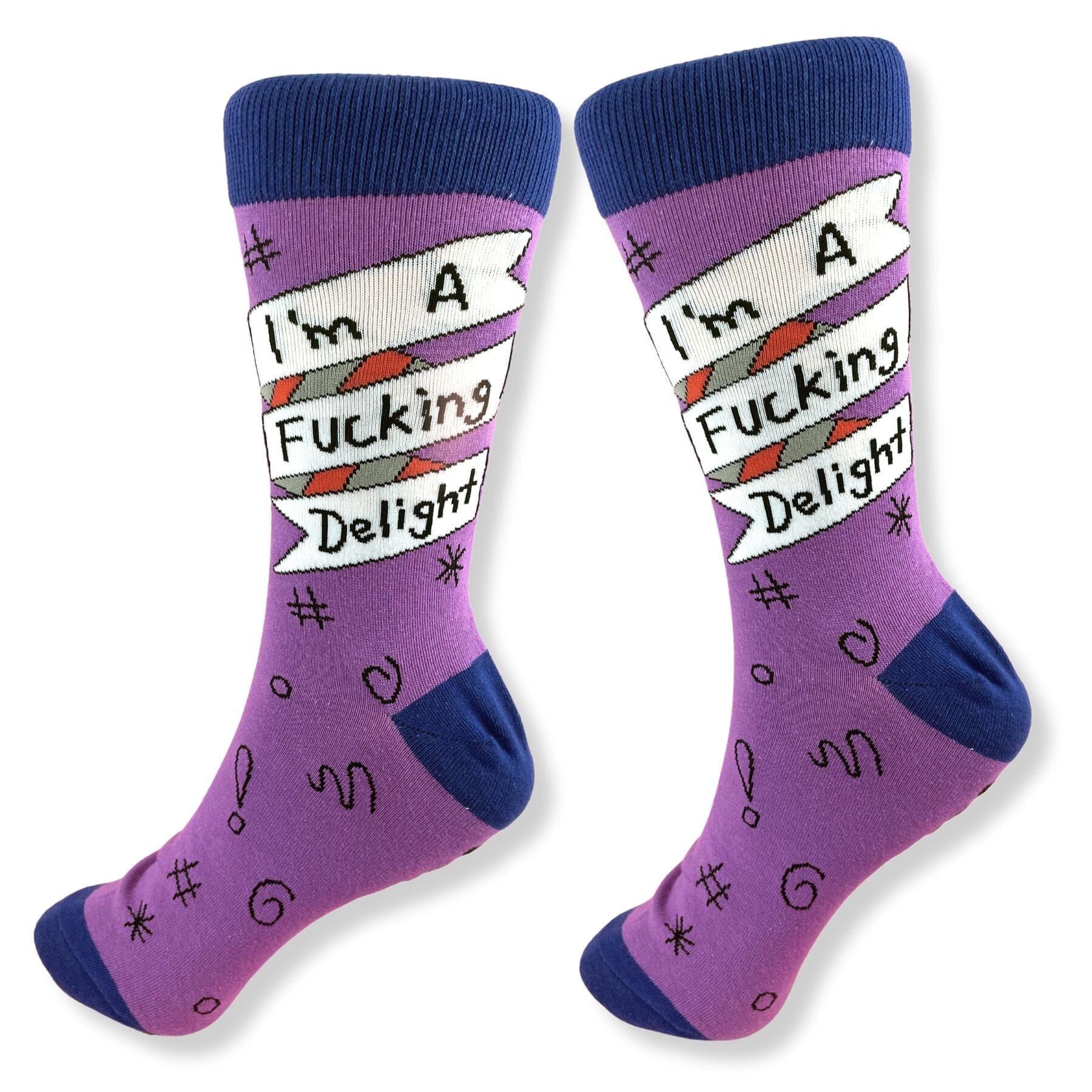 A pair of socks standing against a white background. The socks are purple and blue and read I'm A Fucking Delight.